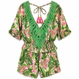 Free People Gipsy Queen Tropical Crochet Romper Boho Festival Resort NWT- S/M